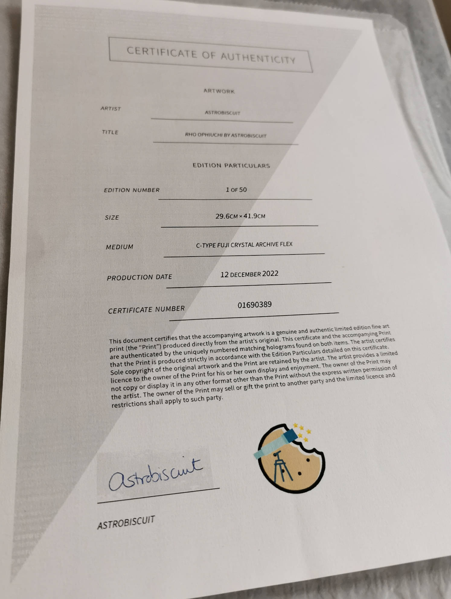 astrobiscuit certificate of authenticity